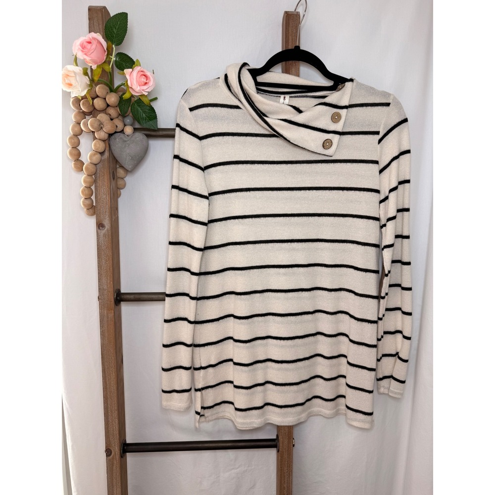 Vanilla Bay Womens Striped Cowl Neck Top Elbow Patches Cream Black VT5840 Large